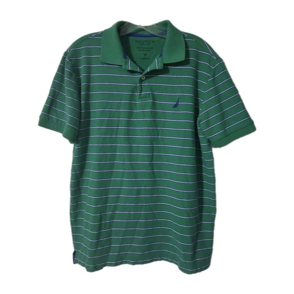 Nautica Polo Shirt Green Striped Short Sleeve, Medium - Picture 1 of 4